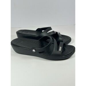 Crocs Patricia Black Strappy Low Wedge Heel Slip On Sandals Women's Size 7